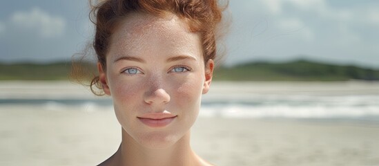 Composite digital image of a Caucasian woman on the beach promoting skin pigmentation awareness and treatment