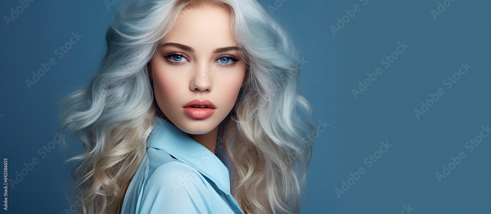 Wall mural fashion concept photo of stylish blonde woman with beautiful face long hair and blue makeup in a stu