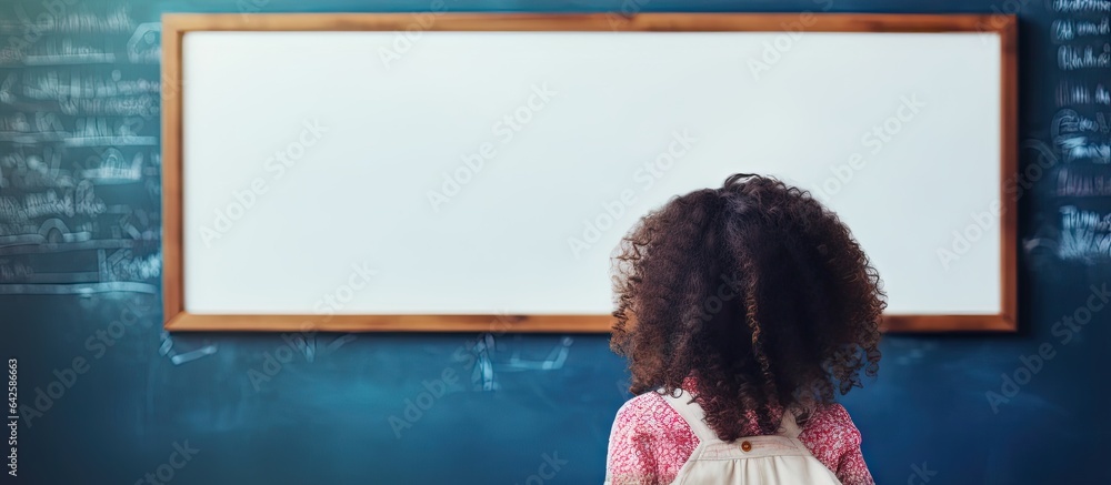 Aufkleber Biracial child writing on whiteboard in classroom with space for text Education and inclusivity concept
