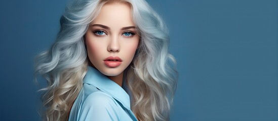 Fototapeta premium Fashion concept photo of stylish blonde woman with beautiful face long hair and blue makeup in a studio closeup portrait