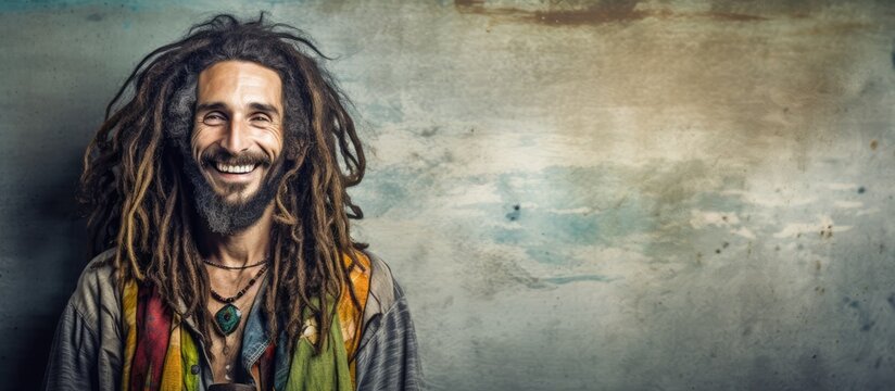 Smiling man with hippie rastaman look on grunge background