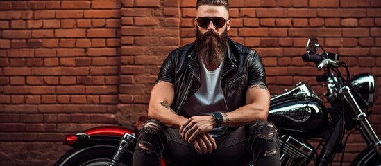 Bearded man on motorbike in garage with red brick wall background