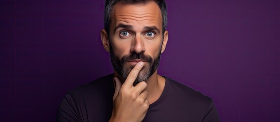 A thoughtful man on a purple background isolated with a finger on his lips depicting silence