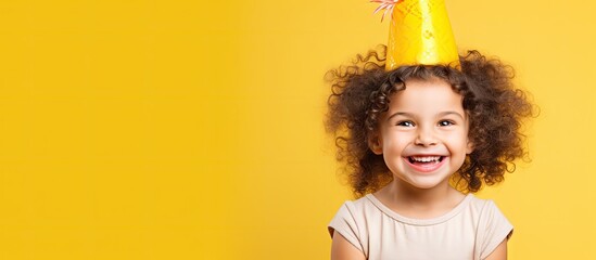 A happy child girl in a party hat celebrates her birthday on a yellow background Space for text Banner