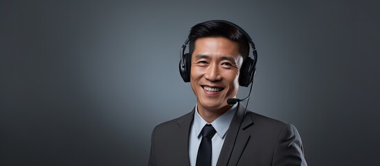 Asian call center representative in studio wearing headset against gray background