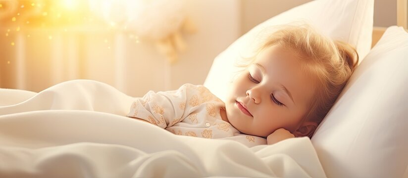 Content little European infant waking up in a bright bedroom with space to copy Childcare idea