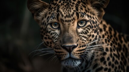 Fototapeta na wymiar Leopard. Javan leopard close up. African leopard female pose in beautiful evening light. Amazing leopard in the nature habitat. Wildlife scene with dangerous beast. 