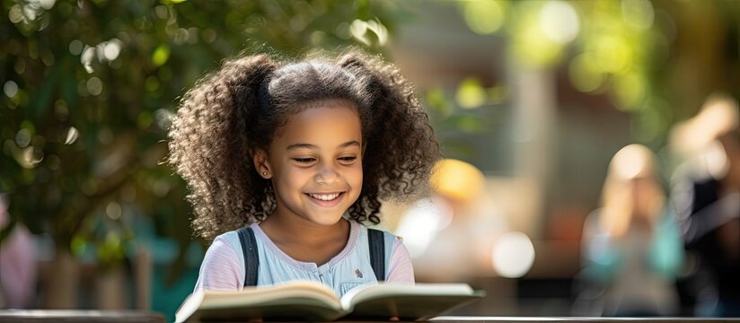 A biracial schoolgirl reading in the playground representing education inclusivity and childhood