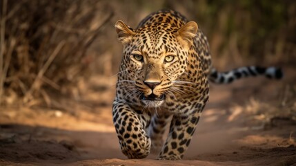 Leopard hunting. Amazing leopard in the natural habitat. Wildlife scene with dangerous beast. - obrazy, fototapety, plakaty