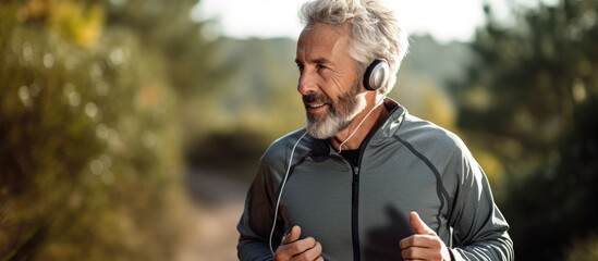 Obraz premium Elderly athlete running outdoors with headphones empty area