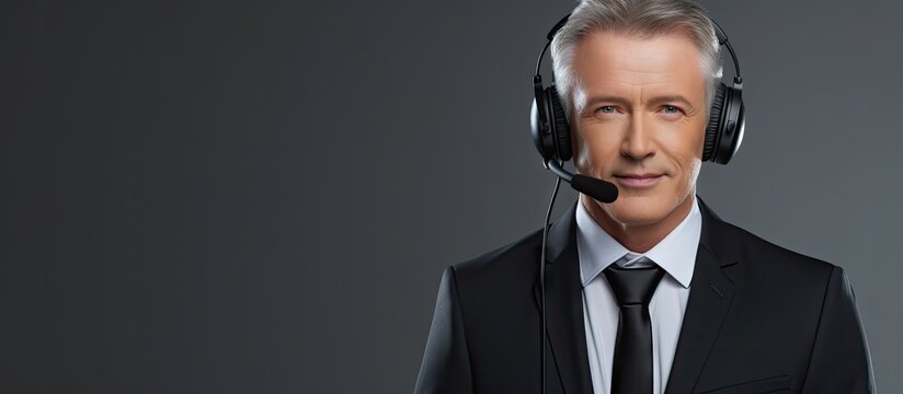 Asian call center representative in studio wearing headset against gray background - Powered by Adobe