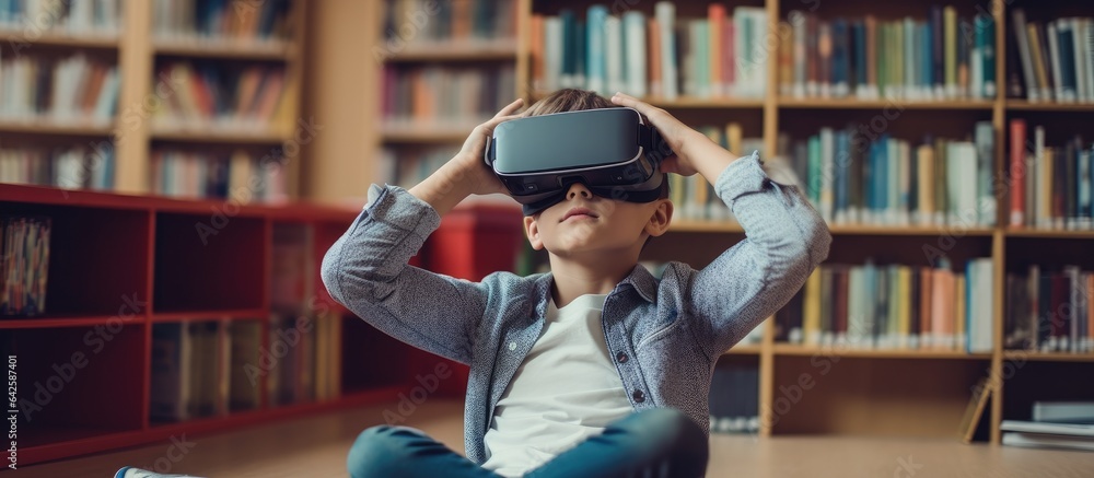 Aufkleber A Caucasian schoolboy is using a VR headset in a school library and appears bored