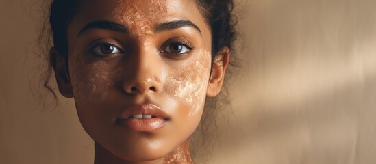 Digital composite of an Indian woman checking her reflection on International Skin Pigmentation Day with text and copy space Emphasizing skincare awareness and treatment for pigmentation
