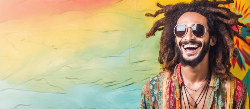 Smiling man with hippie rastaman look on grunge background