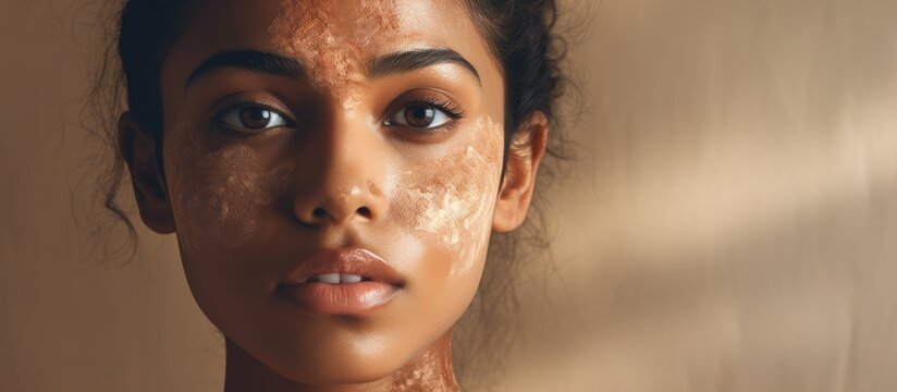 Digital composite of an Indian woman checking her reflection on International Skin Pigmentation Day with text and copy space Emphasizing skincare awareness and treatment for pigmentation