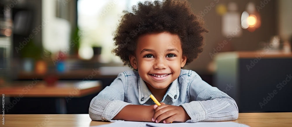 Poster African American boy with afro smiling and writing at desk in classroom representing education childhood elementary school inclusivity and learning