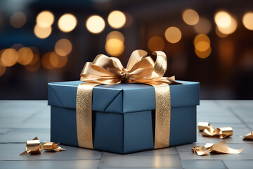Blue gift box with golden bow on the background of bokeh effect. Generative AI