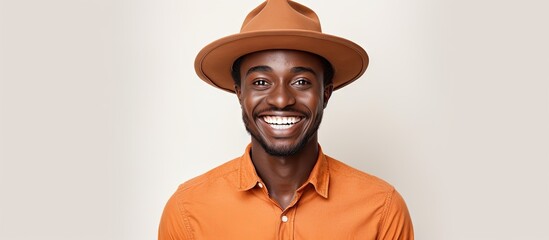 Cheerful African young man with hat smiling in close up on white background