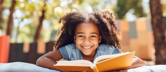 A biracial schoolgirl reading a book in the school playground with copy space representing education childhood inclusivity and learning