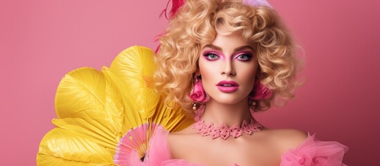 Blonde Brazilian woman in pink carnival attire with a frevo umbrella and yellow mask