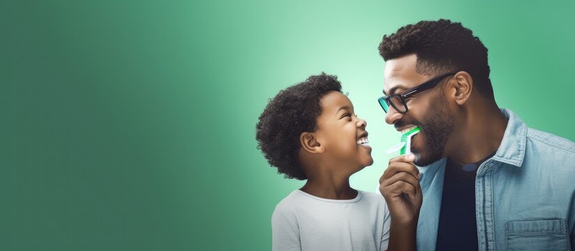 African American father and son brushing teeth in a happy home celebrating and appreciating family love and togetherness