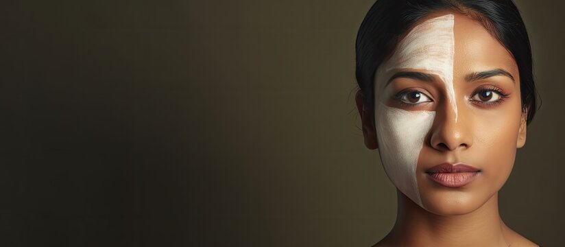 Digital composite of an Indian woman checking her reflection on International Skin Pigmentation Day with text and copy space Emphasizing skincare awareness and treatment for pigmentation
