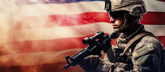Composite image of armed forces day with caucasian soldier aiming gun representing honor and patriotism