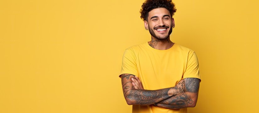 Tattooed Hispanic man confidently pointing in different directions on yellow background perfect for ads
