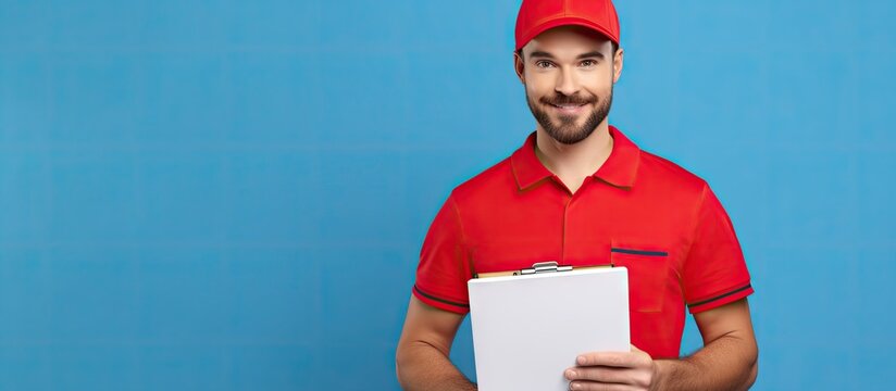 Delivery employee in red cap and white T shirt uniform working as a courier holding a clipboard with documents to sign isolated on a blue studio background