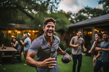 Friends and family members enjoying a friendly game of touch football in the backyard, a post-dinner tradition. Generative Ai.