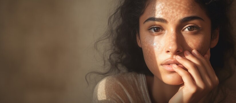 Digital composite of an Indian woman checking her reflection on International Skin Pigmentation Day with text and copy space Emphasizing skincare awareness and treatment for pigmentation