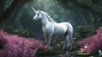 white horse in the woods, unicorn near pink bushes