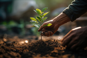 A close-up of a person's hand planting a tree to symbolize the growth and progress of human rights. Generative Ai.