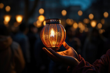 A close-up of a person's hand lighting a lantern at a human rights memorial event. Generative Ai.