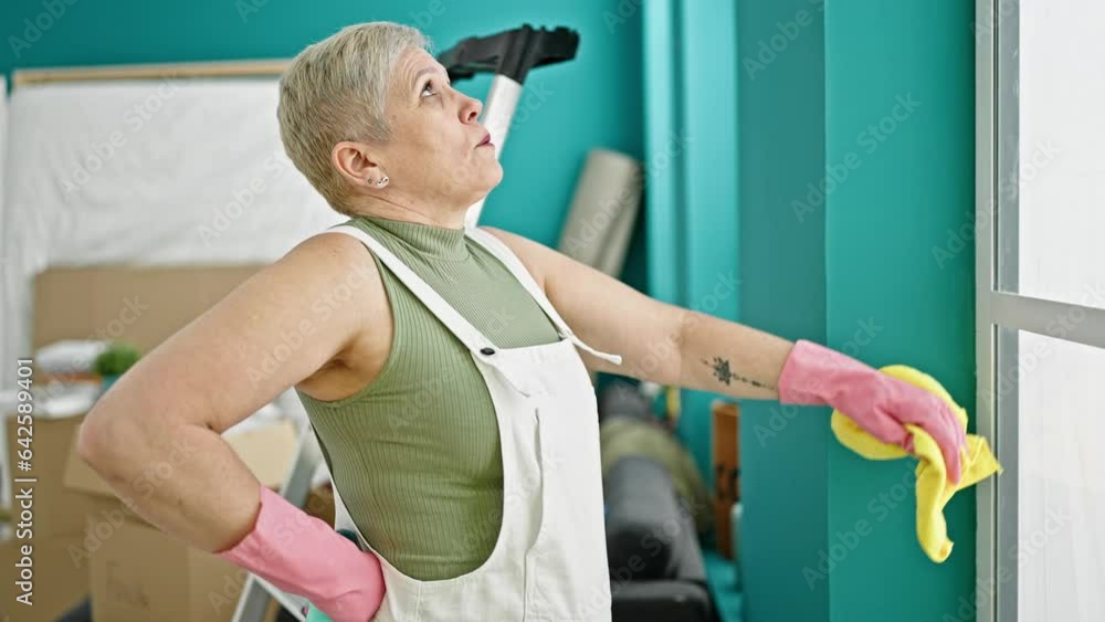 Poster Middle age grey-haired woman washing window tired at new home