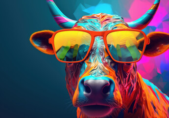 Portrait of funny cow with sunglasses. Concept of humor. Illustration for cover, card, postcard, interior design, decor or print.