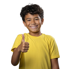 Mixed race boy wearing yellow shirt happily poses for camera giving a thumbs up against transparent background