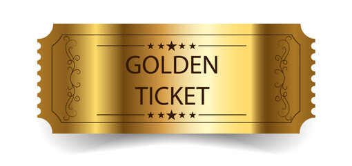 Golden ticket with stars and the inscription "Admit one". Vector illustration. ISOLATED ON A WHITE BACKGROUND 2023
