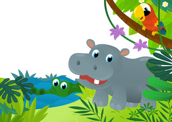 cartoon scene with jungle and animals like hippo being together as frame illustration for children