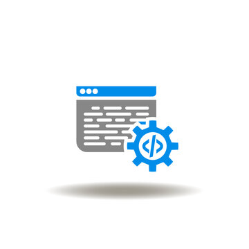 Vector illustration of web page and gear with programming code. Icon of web programming language. Symbol of html, java script.
