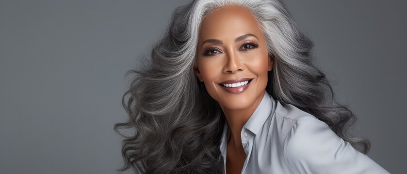 a stunning mature black woman in her 50s, with long gray hair, exuding happiness as she smiles against a light gray background