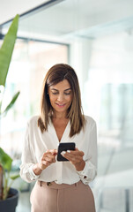 Middle aged professional business woman manager, female executive or entrepreneur holding cellphone using mobile phone standing in office hall working on smartphone texting message, vertical.