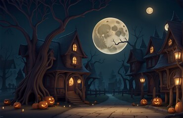 Halloween night scene. A full moon hangs low in the starry sky, casting an eerie glow over a haunted forest