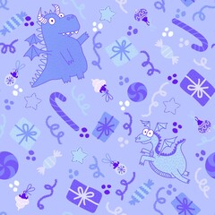 Cartoon Christmas dinosaur seamless dragon and candy and gift box and toys pattern for wrapping paper