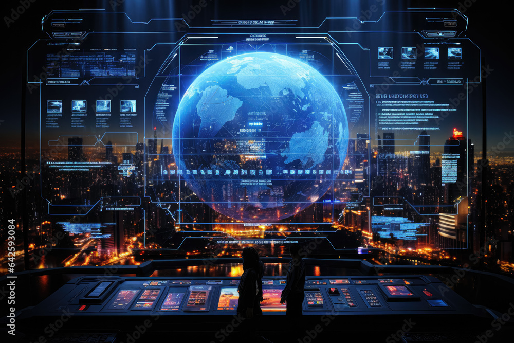 Poster futuristic technology background with a digital hud interface, showcasing virtual computer screens a