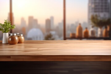 Wood table top on blur kitchen generative aoi