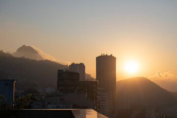 Rio de Janeiro, Brazil: city skyline with the Sugarloaf Mountain and Cable Car shrouded in fog...