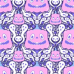 Halloween cartoon seamless pumpkins and ghost and skulls pattern for wrapping paper and fabrics and kids