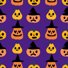 Halloween cartoon pumpkins seamless autumn pattern for festive packaging and wrapping paper and fabrics