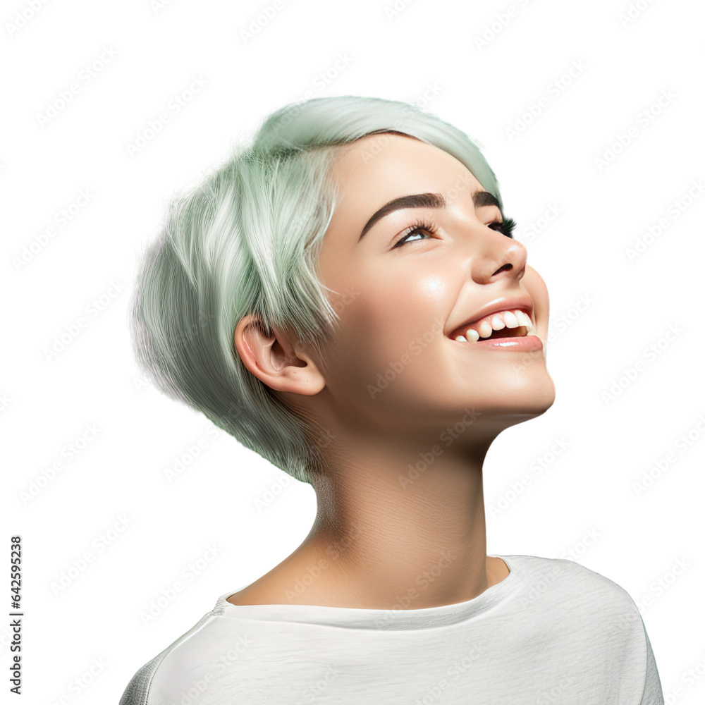 Wall mural Smiling teenage girl with short white hair green wall backdrop gazing upwards